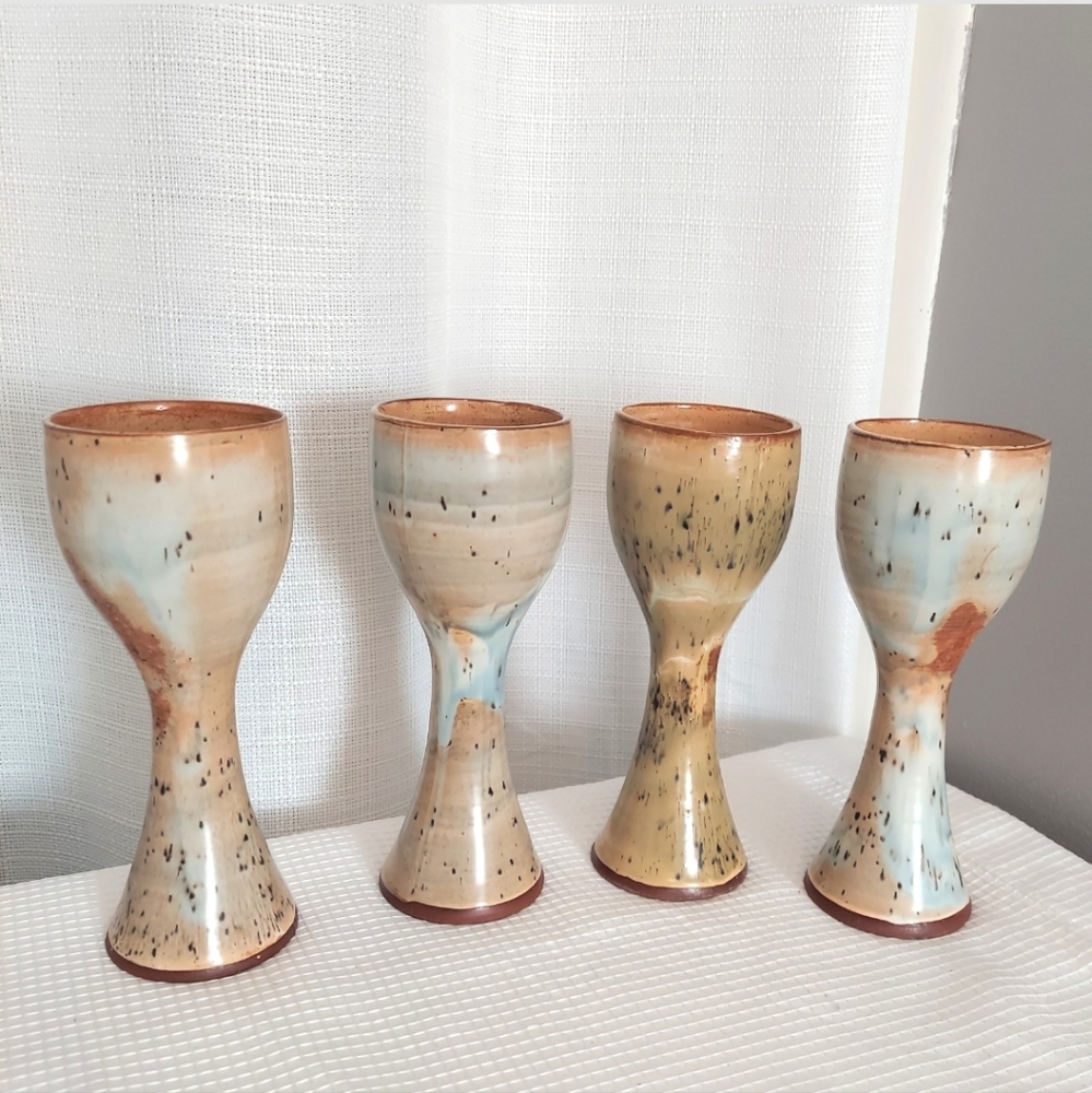 Studio Pottery Slim Goblets Wine Water Cups Speckle Drip Glaze Signed Set Of 4